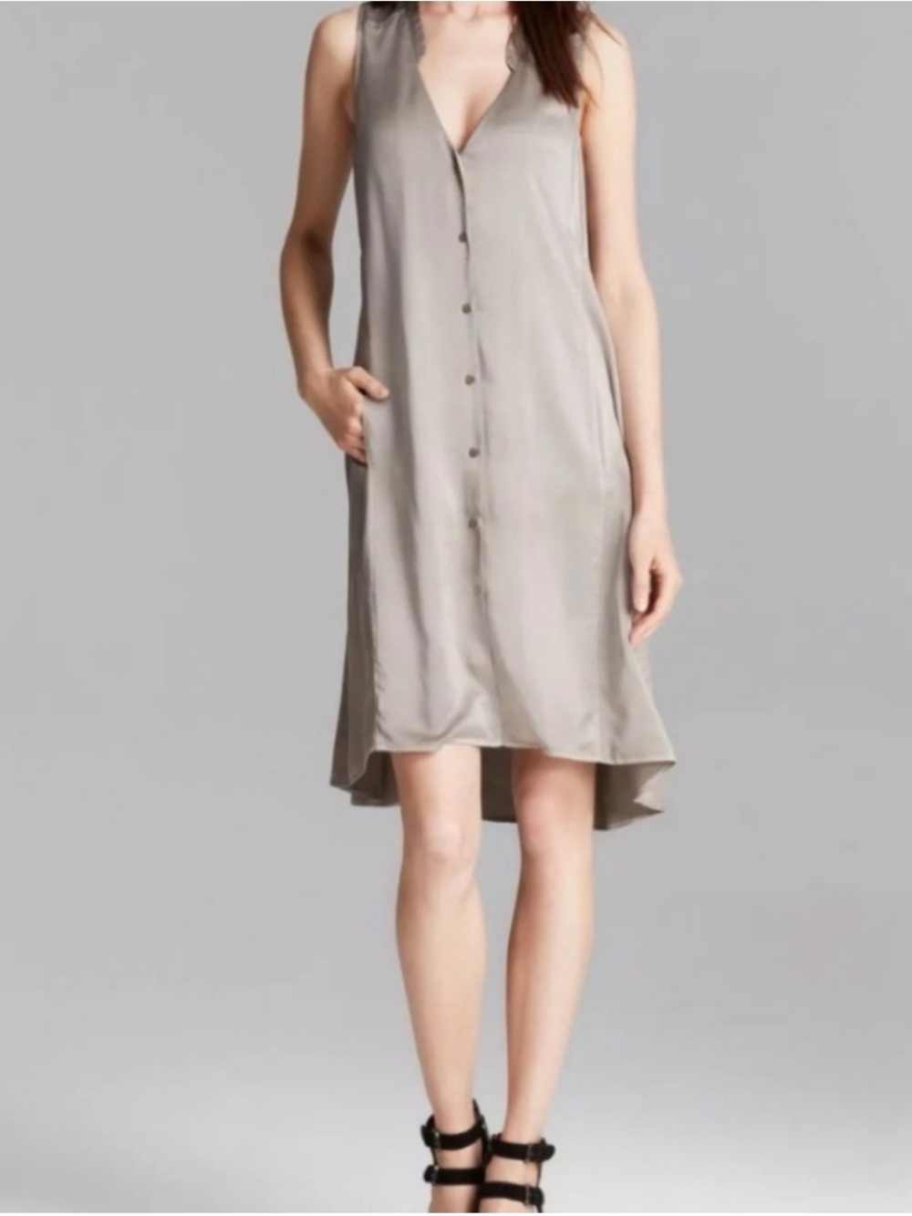 Eileen Fisher Sleeveless V-Neck Button-Front Dress in Taupe Gray